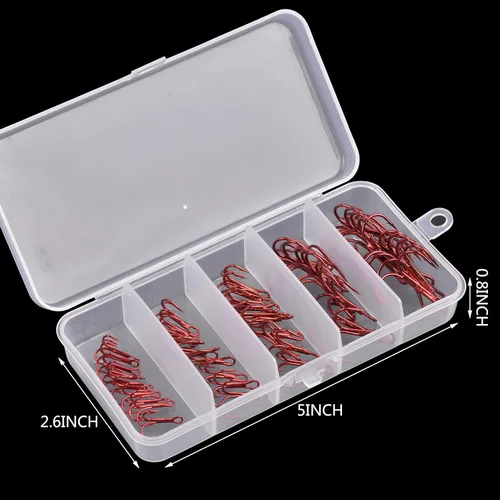 Miniatura 6 de Kit de ganchos agudos rojos, curvados redondos, ganchos de pesca triples de acero inoxidable, anillos de doble división, kit de caja de aparejos