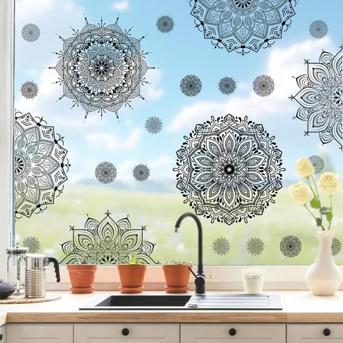 Miniatura 10 de Kazova 20 calcomanías de pared de mandala grande, 20 unidades, 2 hojas, color negro, calcomanías de mandala boho para dormitorio, sala de estar