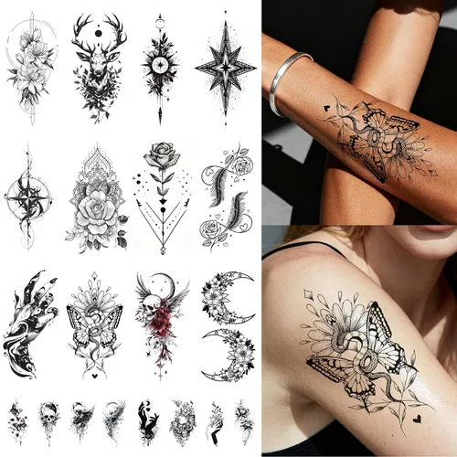 Miniatura 15 de 10 hojas de calcomanías temporales de henna de henna 5P negro + 5P marrón, calcomanías de tatuaje para mujeres, calcomanías de arte corporal para 5