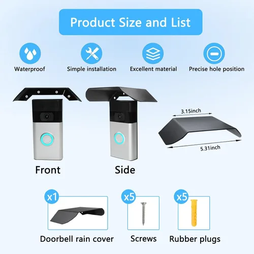 Miniatura 7 de Cubierta de acero inoxidable para timbre de puerta compatible con timbre de batería (2024)/Plus/1ª/2ª generación/3/4, parasol de lluvia resistente a