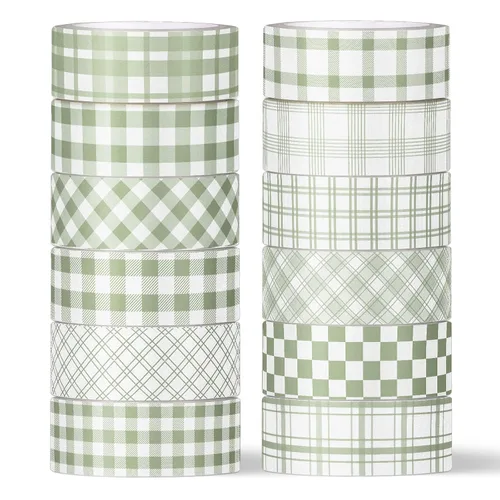 Whaline 12 Rolls Sage Green Plaid Washi Tape Masking Tape Set Pastel Green Gingham Decorative Wrapping Paper Tapes Boxed for Wedding Scrapbook