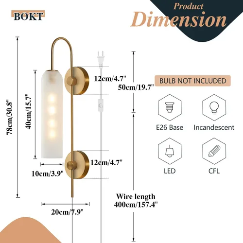 Miniatura 2 de BOKT Apliques de pared modernos de mediados de siglo con enchufe para interiores, largos, oro cepillado, vidrio blanco leche, apliques