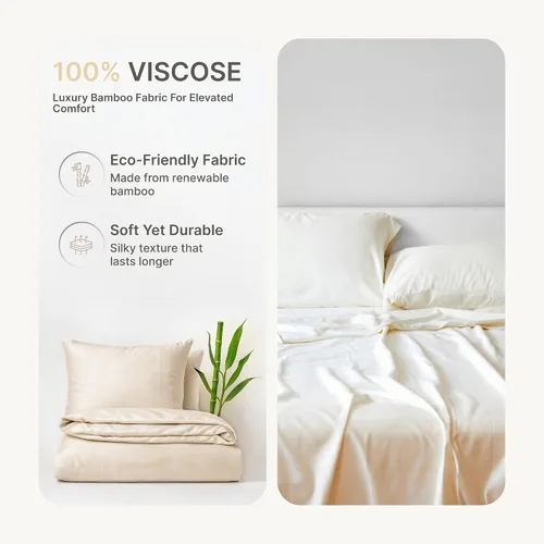 Miniatura 2 de BedVoyage Sábanas refrescantes tamaño Queen – Viscosa de bambú, juego de sábanas para personas que duermen con calor, bolsillo profundo de 18 Marfil