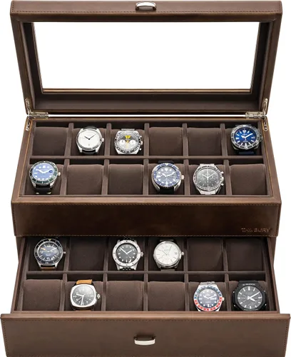 TAWBURY Organizador de caja de reloj de 24 ranuras para hombre, funda de reloj XL para hombre, fundas de reloj para hombre, 24 ranuras, soporte de
