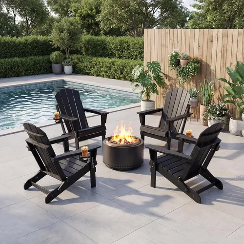 Miniatura 2 de Silla Adirondack plegable de HDPE, silla de patio al aire libre con soporte para tazas, silla de césped de grano de madera resistente a