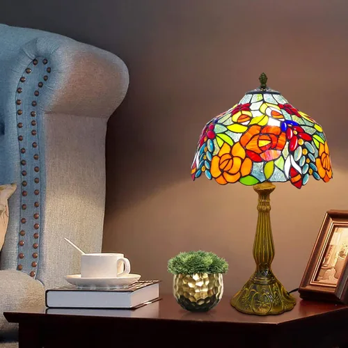 Miniatura 7 de Tiffany - Lámpara de mesa estilo rosas multicolor, lámpara de mesa con vitrales de 12 pulgadas de alto de 19 pulgadas, mesita de noche, mesita