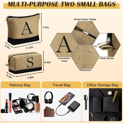 Miniatura 5 de YOOLIFE Regalos para mujeres, bolsa de yute con inicial y 2 bolsas de maquillaje, regalos personalizados para mujeres, profesores, mamá, amiga