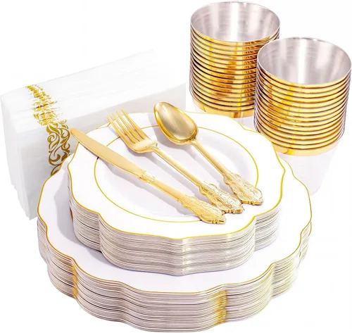 Miniatura 16 de NOCCUR 175 platos de plástico color oro rosa con cubiertos desechables, incluye 25 platos de cena, 25 platos de postre, 25 tenedores, 25 cuchillos