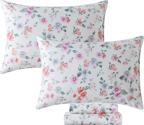 Miniatura 10 de FADFAY Juego de sábanas tamaño King, 100% algodón, elegante ropa de cama de granja con hojas verdes menta y flores blancas, sábana suave