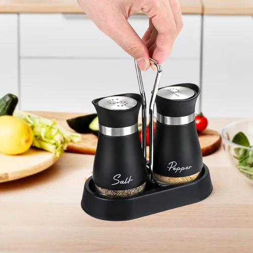 Miniatura 6 de Accmor Juego de saleros y pimenteros con soporte, recipientes de acero inoxidable de 4 onzas con fondo de vidrio para cocina, barbacoa, bar, mesa