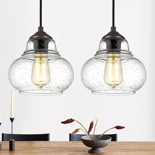 ELYONA Paquete de 2 Luces Colgantes de Vidrio Burbuja, Lámpara Colgante Vintage de 8 Pulgadas de Vidrio Granulado, Luminarias Colgantes Industriales