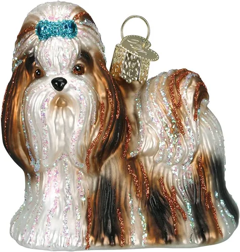 Old World Christmas 12172 Ornamentos: Colección de Perros Adornos de Vidrio Soplado para Árbol de Navidad, Shih Tzu, Marrón, 3 "Altura X 2.75" Largo