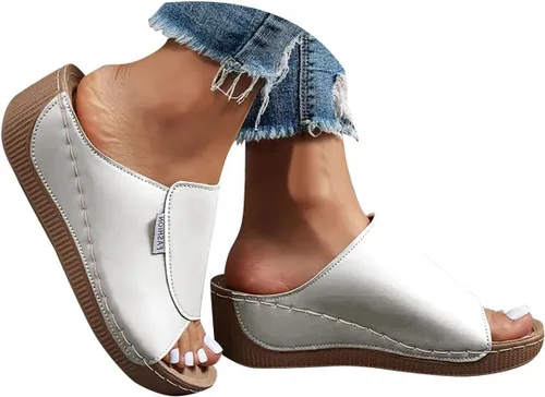 Sandalias de cuña para mujer, puntera abierta, soporte de arco, calzado ortopédico para caminar, zapatos elegantes de suela suave sin cordones Blanco