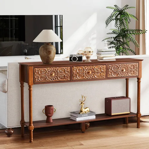 Miniatura 9 de weselon Mesa consola tallada de 55.5 pulgadas con 3 cajones, mesa de sofá de 2 niveles con superficie floral brillante y patas de madera maciza