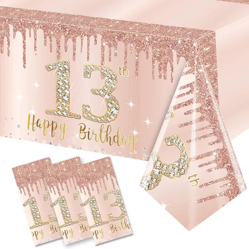 Miniatura 16 de Excelloon Paquete de 3 Manteles de Cumpleaños 50, Mantel de Cumpleaños Feliz de Rosa Púrpura y Oro Rosa, Mantel Desechable de Plástico Rectangular