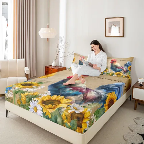 Miniatura 2 de Bonita sábana bajera ajustable para niños, tamaño individual, juego de ropa de cama rústica de pollo, decoración de dormitorio para niños y adultos