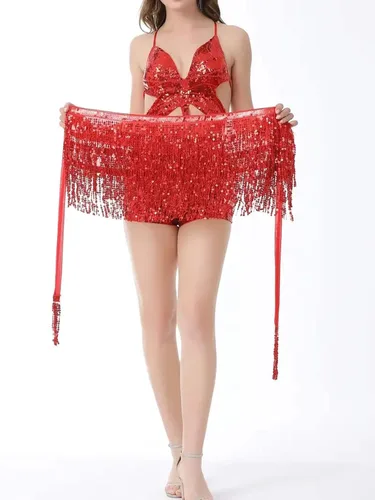 Miniatura 2 de OYOANGLE Women's Dance Skirt Sequin Tassel Multilayer Hip Scarf Adjustable Boho Style Belly Dance Skirts