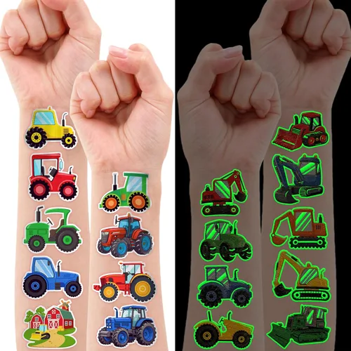 Miniatura 2 de Tatuajes temporales de tractor que brillan en la oscuridad para niños, 96 calcomanías precortadas luminosas de granja Recuerdos de fiesta