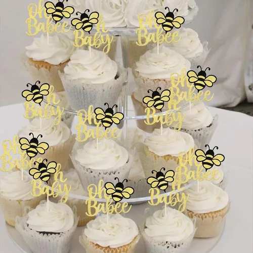 Miniatura 7 de Rsstarxi Paquete de 36 adornos para cupcakes Bee Oh Babee con purpurina Bumble Bee Oh Baby para cupcakes, decoración de pasteles de baby shower