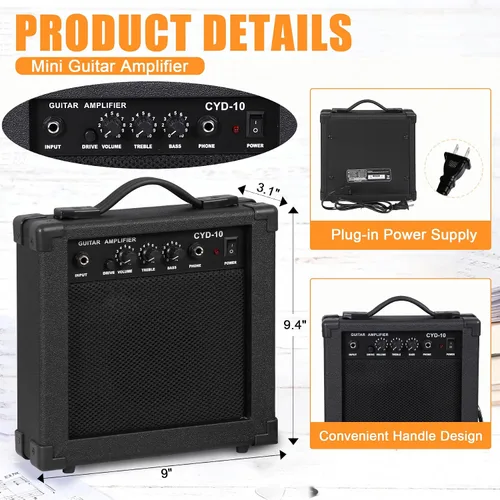 Miniatura 7 de Guitarra eléctrica negra de tamaño completo de 39 pulgadas con amplificador de 10W, paquete de funda para conciertos, correa y púas para Negro