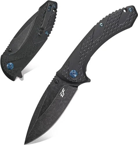 Eafengrow EF927 Cuchillo de bolsillo D2 Hoja de acero con revestimiento de óxido negro, cuchillo para exteriores, mango G10, rodamiento de bolas,