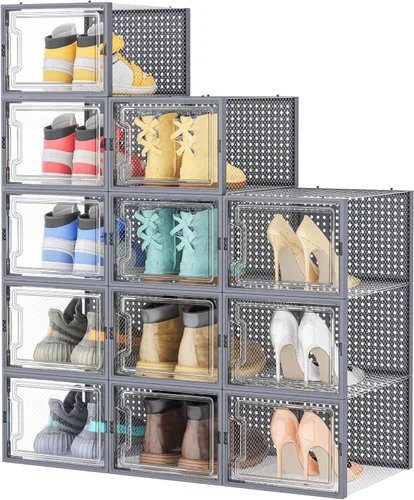 Miniatura 10 de HOMIDEC Almacenamiento de zapatos, paquete de 12 organizadores de zapatos para armario, cajas de zapatos apilables de plástico transparente