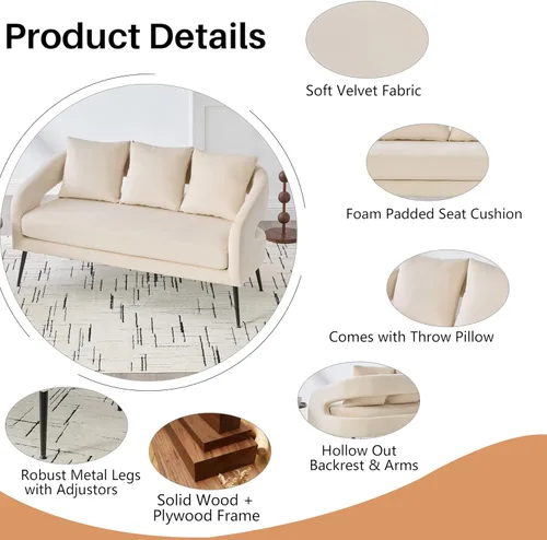 Miniatura 4 de Juego de 1 sofá biplaza pequeño y 2 sillas decorativas, juego de sofá y sillón de 3 piezas para sala de estar, moderno sofá de terciopelo con silla