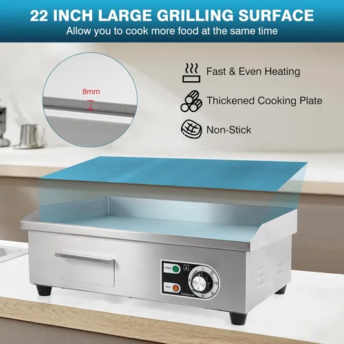 Miniatura 3 de IRONWALLS Plancha eléctrica comercial de 22 pulgadas, 3000 W, parrilla eléctrica para interiores con control de temperatura ajustable de 122 ~ 572