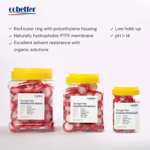 Miniatura 3 de Paquete de 100 Filtros de Jeringa PTFE para Laboratorio Filtros de Filtración Hidrofóbica Tamaño de Poro 0.22μm Diámetro 13mm No estéril Rojo