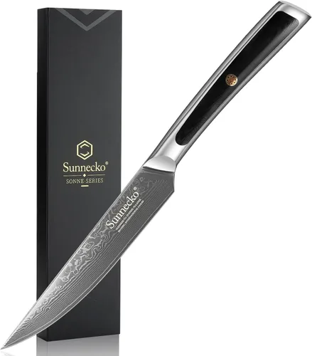 Sunnecko Cuchillo para Carne de Cocina de 5 Pulgadas, Cuchillo para Carne de Damasco VG-10, Acero Japonés, Cuchillos de Carne No Dentados de Espiga