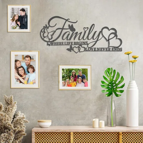 Miniatura 6 de Family Where Life Begins Love Never Ends Word - Decoración de pared de metal negro con corazón de mariposas, escultura colgante de letras de hierro
