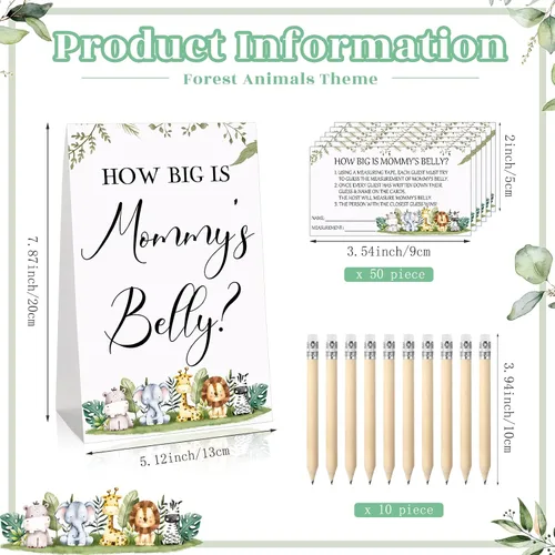 Miniatura 2 de Sabary 64 Piezas Juegos de Baby Shower Incluyen Letrero How Big is Mommy's Belly Sign Measure Bump Game 50 Tarjetas 10 Lápices 3 Cintas Métricas