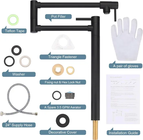 Miniatura 6 de WOWOW Pot Filler Faucet - Grifo de estufa de montaje en cubierta, relleno de olla de latón macizo, negro mate con brazo oscilante elástico de doble