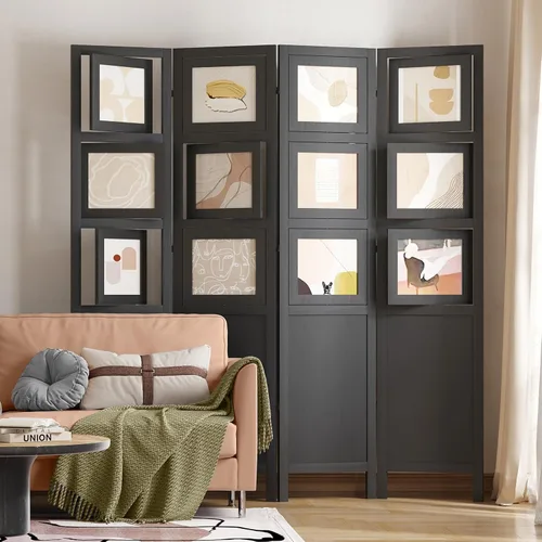 Divisor de habitación para fotos de 4 paneles, pantalla de privacidad plegable independiente y decorativo con 16 marcos para oficina en casa (negro)