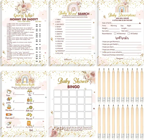 Miniatura 27 de Yinder 145 tarjetas de actividades para juegos de baby shower con 20 lápices, incluye descripción de bingo para bebés y deseos, adivina quién es