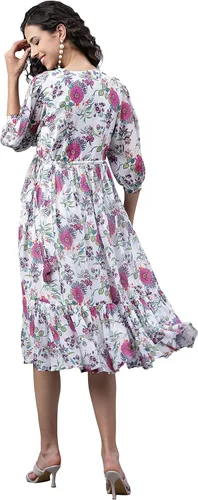 Miniatura 8 de Janasya Vestido acampanado con estampado digital Georgette blanco para mujer
