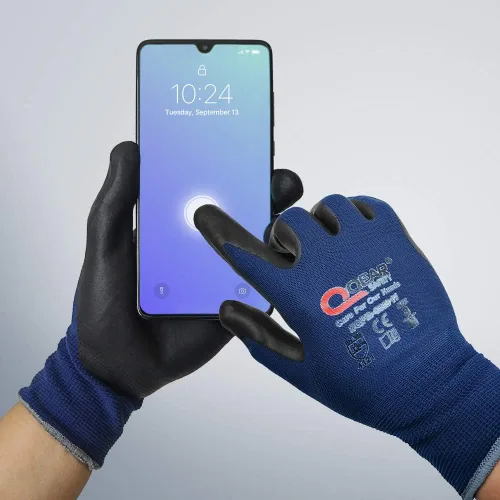 Miniatura 3 de Paquete de 3 pares de guantes de seguridad de trabajo táctiles de color azul marino, espuma de nitrilo recubiertos, uso general, trabajo mecánico