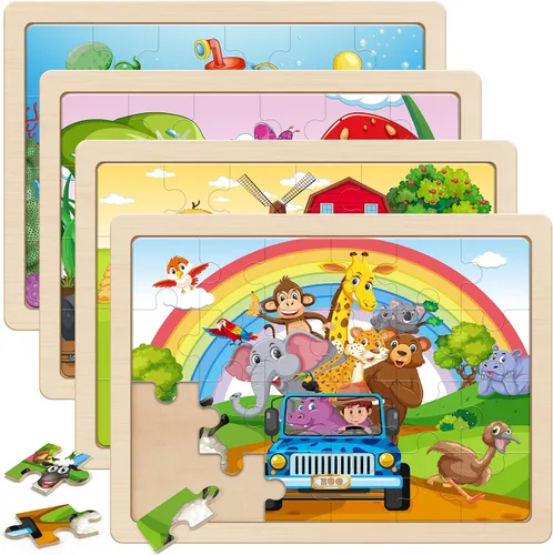 SYNARRY Rompecabezas de madera de animales grandes para niños, caja de regalo 4 en 1 (12.2 x 9.4 pulgadas), certificado FSC, rompecabezas para niños