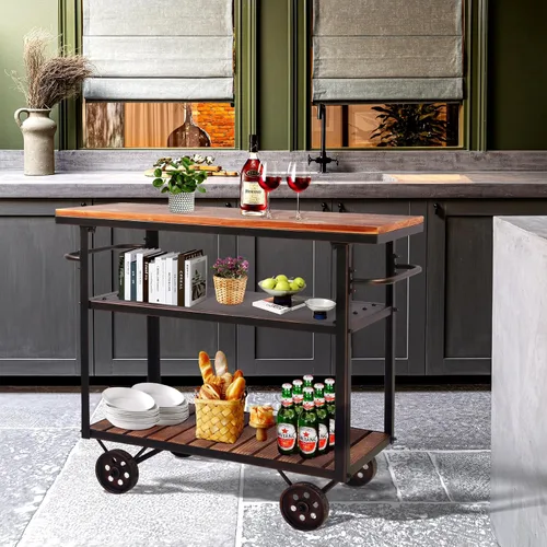 Miniatura 5 de Topower Carrito de bar industrial, carrito de servicio con ruedas y asa, carrito de metal para bebidas de 3 niveles con bandeja extraíble y estantes