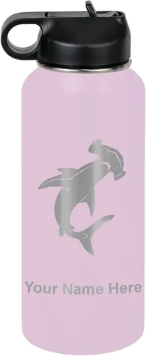 Miniatura 26 de LaserGram Botella de agua personalizada, tiburón martillo, acero inoxidable de doble pared aislada al vacío con popote superior, regalo grabado