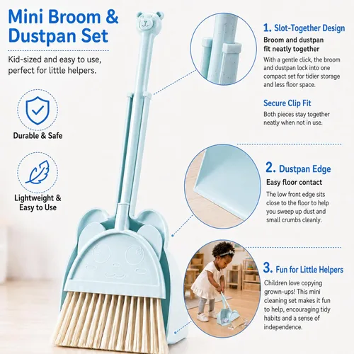 Miniatura 4 de Mini Escoba con Recogedor para Niños, Pequeño Juego de Ayudante de Limpieza del Hogar (Azul)