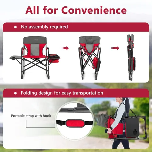 Miniatura 5 de COSTWAY Silla de camping plegable, silla de director de alta resistencia soporta 400 libras para adultos con mesa auxiliar, bolsa refrigeradora, Rojo