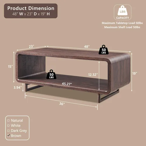 Miniatura 2 de IFGET Mesa de Centro Moderna de 48", Mesa Central Minimalista de 2 Niveles con Estante de Almacenamiento, Diseño de Perfil Curvo, Mesa Rectangular
