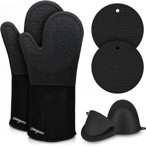 Miniatura 14 de sungwoo Guantes de horno de silicona extralargos, resistentes al calor, con forro acolchado, agarre texturizado antideslizante, perfectos para Verde