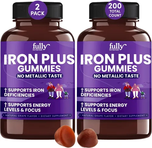 Suplementos de gomitas de hierro para adultos (mujeres, hombres) y niños, sabor a uva, apoya los niveles de anemia, energía y enfoque, 200 unidades