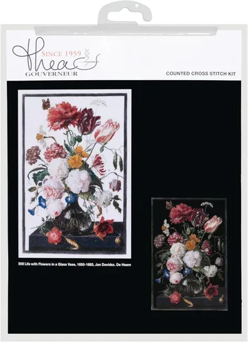 Miniatura 5 de Thea Gouverneur - Kit de punto de cruz contado - Naturaleza muerta con flores en un jarrón de vidrio - Aida - 18 unidades - para adultos - Hilos