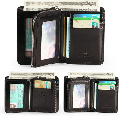 Miniatura 22 de Billetera para hombre con cremallera de cuero genuino RFID tarjeteros de piel de vaca con cremallera bolsillo para monedas, carteras plegables