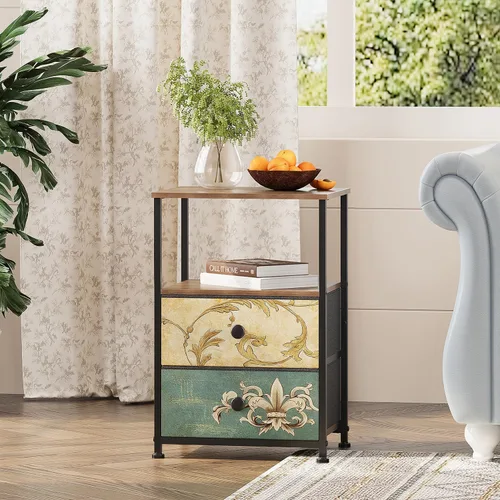 Tohomeor Mesita de noche con 2 cajones de tela, mesa auxiliar de flores retro con estante de almacenamiento abierto para dormitorio, sala de estar,