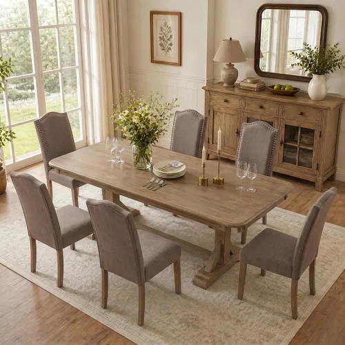 Miniatura 6 de Silla de comedor tapizada moderna y elegante Parsons con respaldo alto con ribete plateado de cabeza de clavo y patas de madera, juego de 2, tela