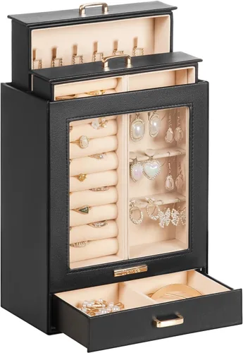 Homde Organizador de joyas para niñas y mujeres, joyero para collares, anillos, aretes, regalo y pulseras (negro + dorado)